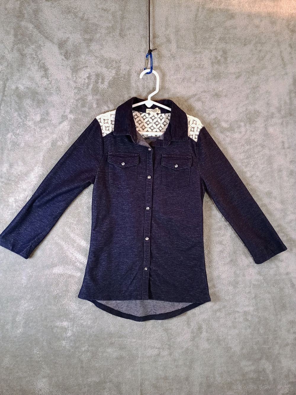 One Step Up Navy Button-Down Top with White Lace Yoke 10/12